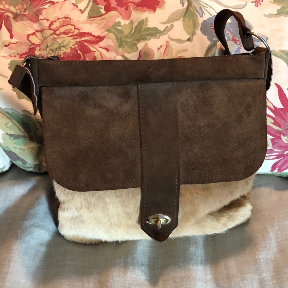 VINTAGE Handmade Furry Suede Crossbody Twist-Lock Flap NEW